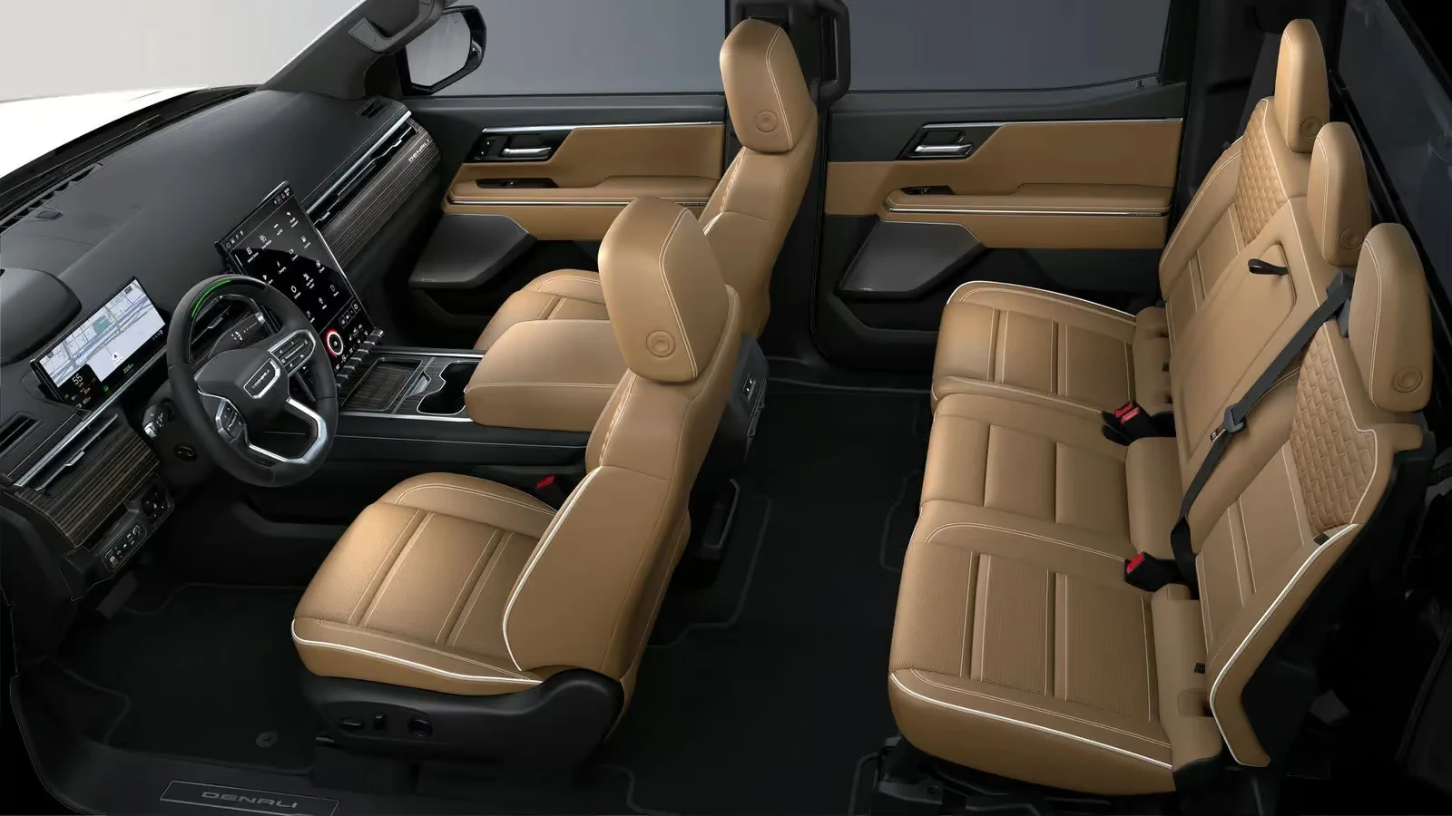Tan leather seating and spacious passenger cabin in the GMC Sierra EV Denali