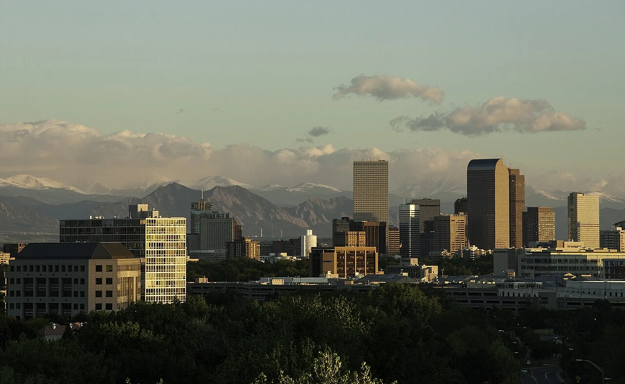 Downtown Denver skyline with the Rocky Mountains in the background