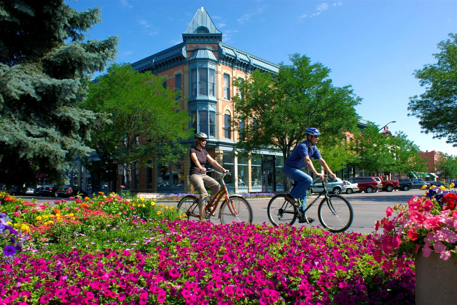 Cyclists, flowers and historic buildings in downtown Fort Collins, Colorado
