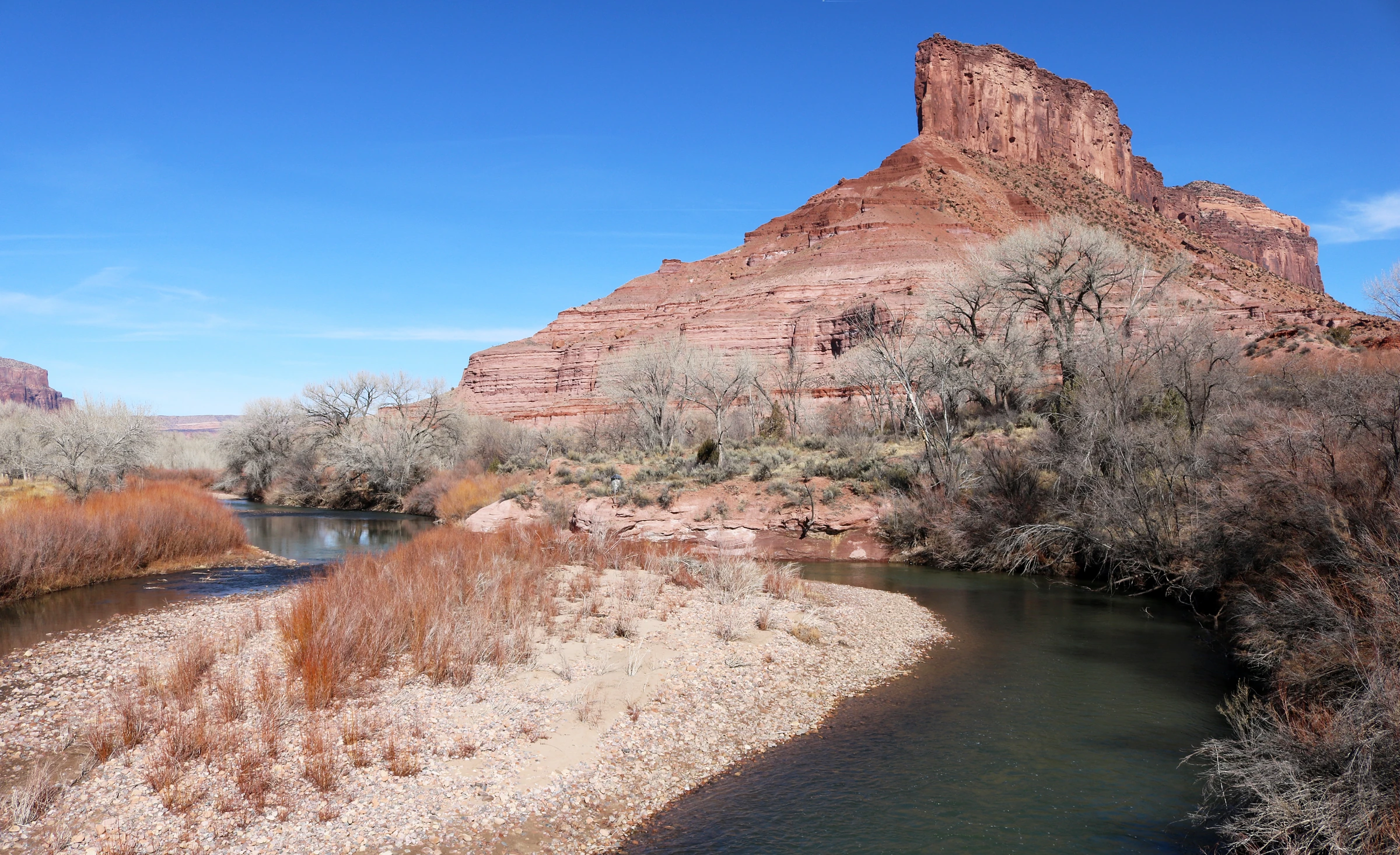The Dolores River beneath the Palisade rock formation at Gateway, Colorado