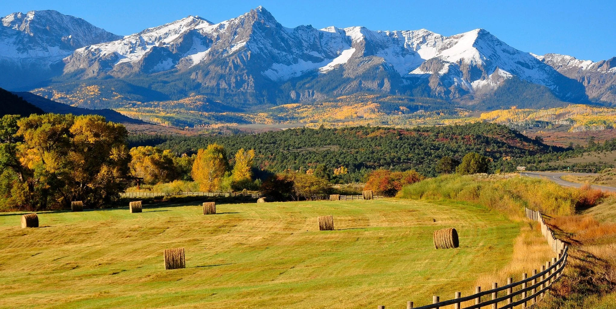 Snow-covered mountains and autumn colors near Ridgway, Colorado